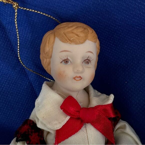 Vintage Porcelain Boy Doll Christmas Tree Ornament Hand Painted In Red Jumper - Picture 2 of 3